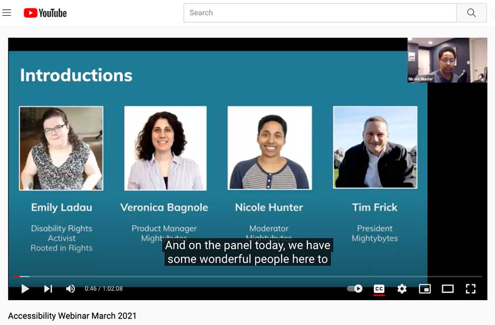 screen grab of a webinar on digital accessibility that's been posted to YouTube