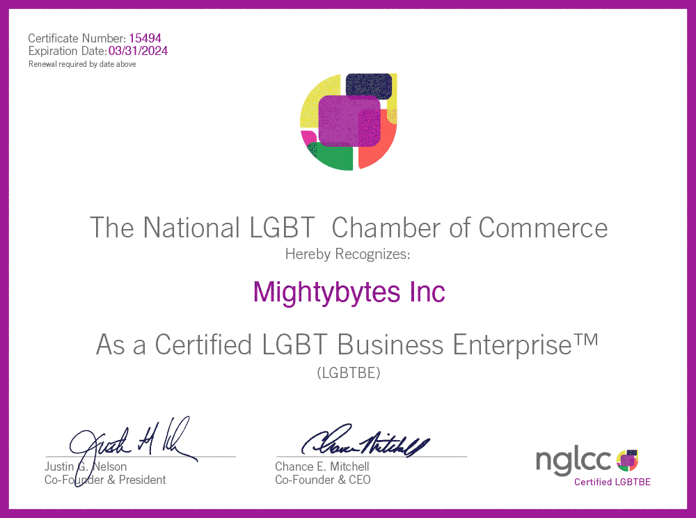 National LGBT Chamber of Commerce LGBT Business Enterprise (LGBTBE) certification for Mightybytes.