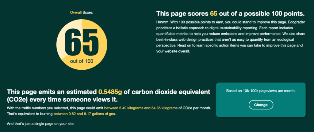 Example of an Ecograder report with an overall score of 65 out of 100