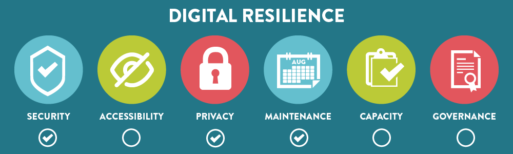Digital resilience graphic icons showing security, accessibility, privacy, maintenance, capacity, and governance