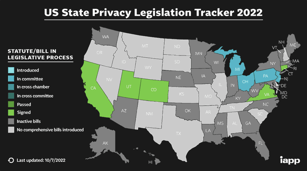 Image of IAPP's U.S. Privacy Legislation Tracker showing which states have introduced or passed privacy-related legislation