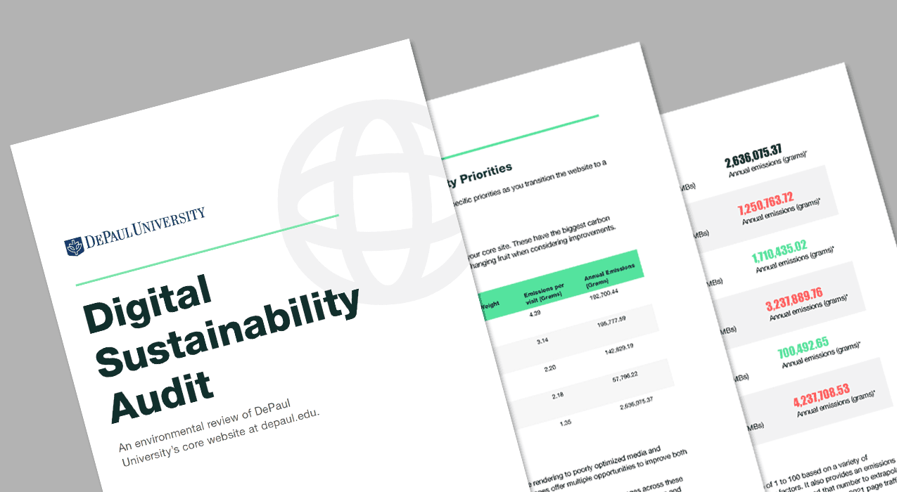Side-by-side pages from a Digital Sustainability audit for DePaul University
