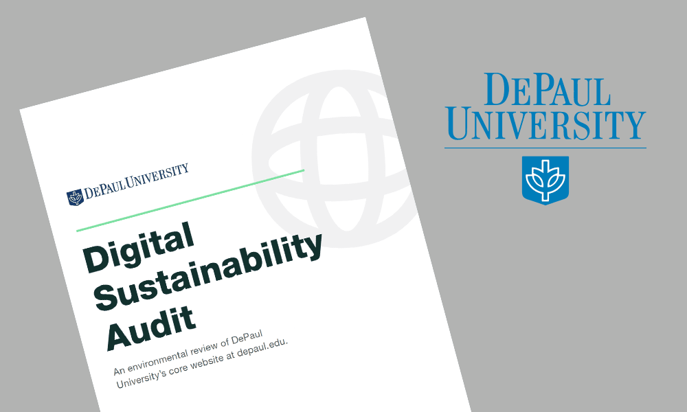 Graphic showing a report cover that reads 'Digital Sustainability Audit' with the DePaul University logo.