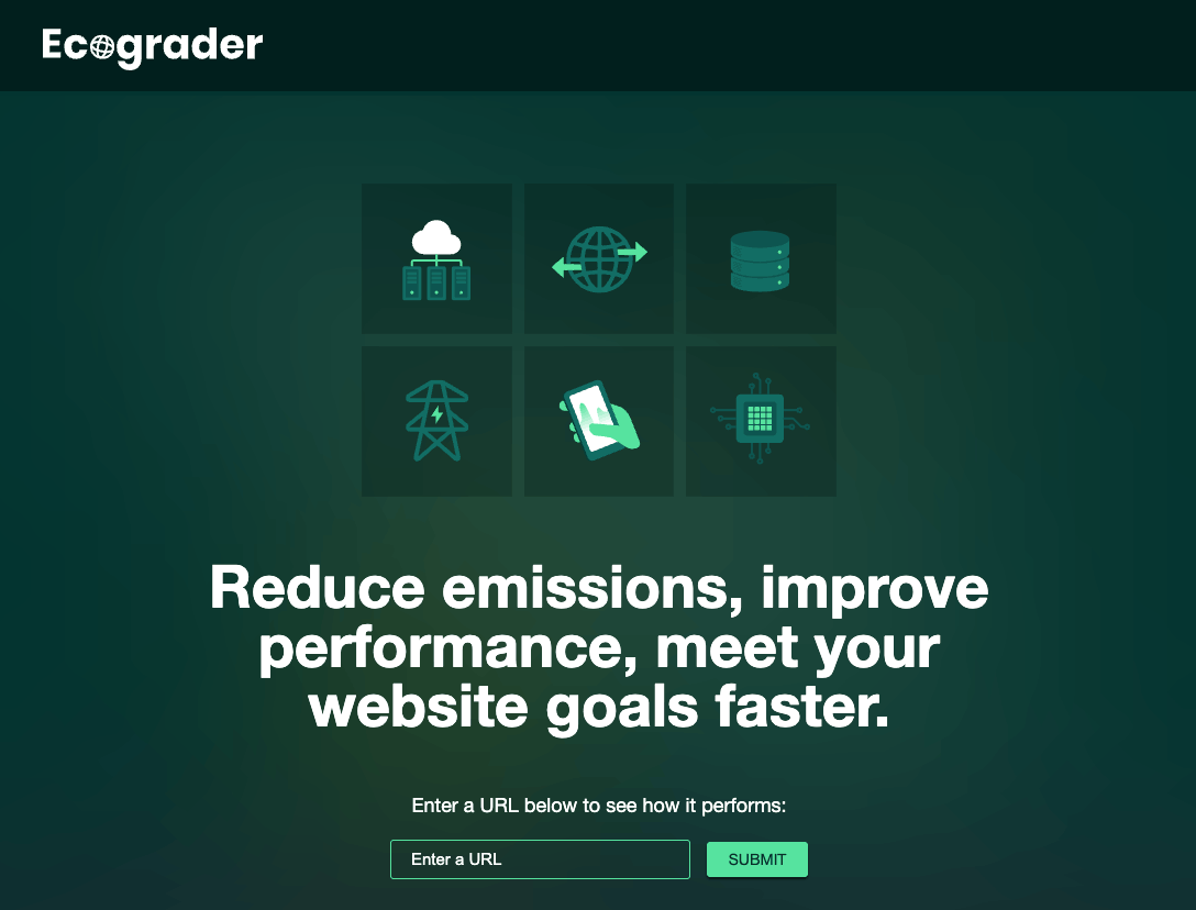 Image of Ecograder homepage displaying icons, a tagline, and a URL submission field.