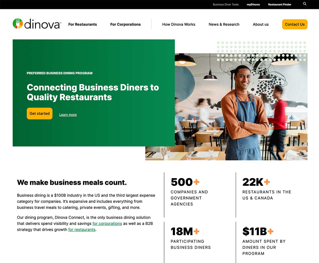 Image of dinova.com homepage featuring hero image of a man in an apron, a tagline that reads 'Connecting Business Diners to Quality Restaurants' and various business statistics.