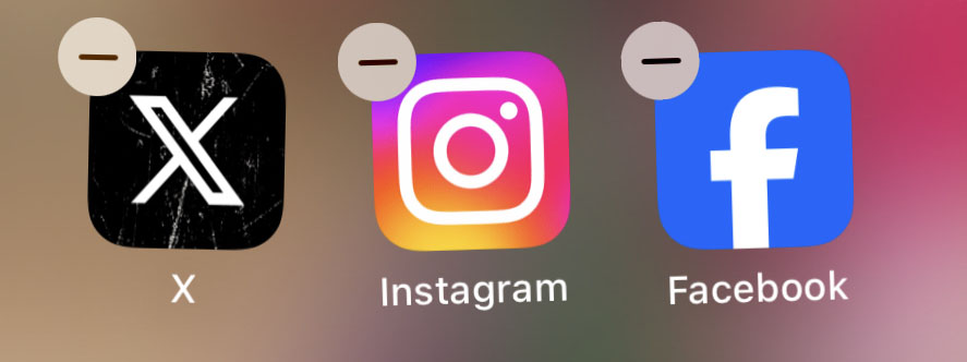 Instagram, Facebook, and X logos in delete mode on a mobile screen.
