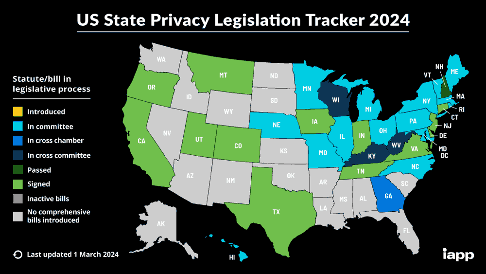 Map of the United States showing which states have passed or are working on data privacy laws.