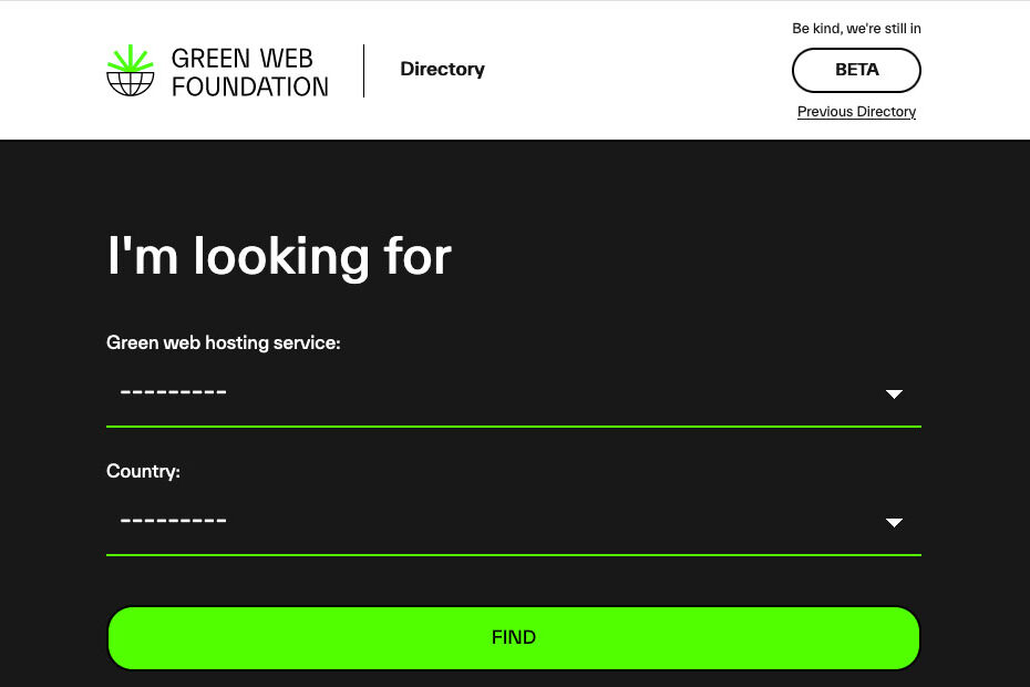 Image showing the Green Web Foundation's hosting directory search tool.