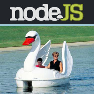 Node.js logo with image of someone riding a white swan in a lake