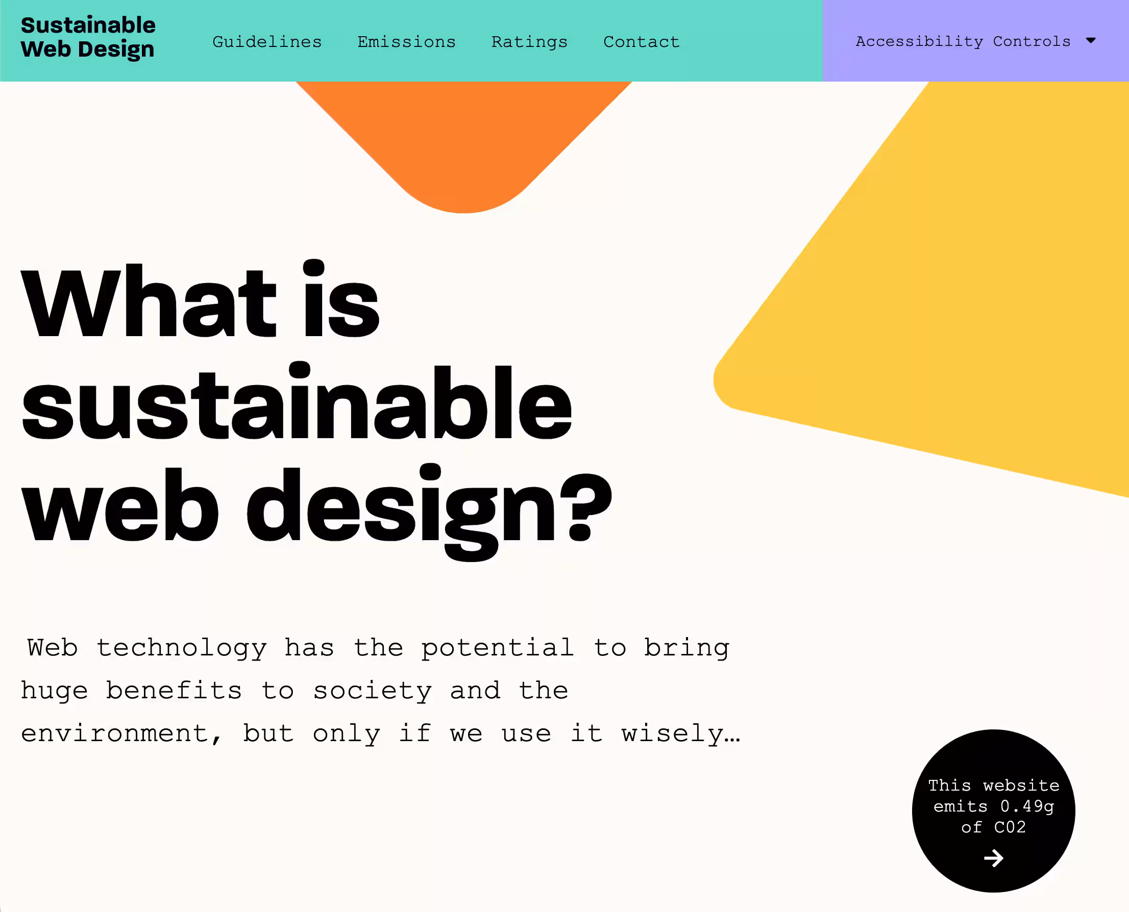Sustainable Web Design site homepage with tagline "What is Sustainable Web Design? Web technology has the potential to bring huge benefits to society and the environment, but only if we use it wisely…"