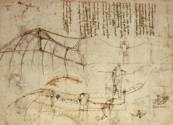 image of Leonardo DaVinci drawing for his Flying Machine design, c. 1488