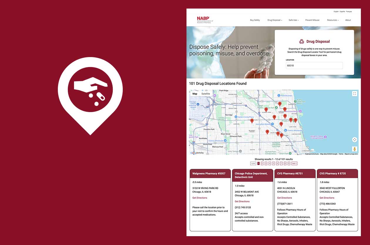 Image of NABP's Drug Disposal Locator Tool showing various locations around Chicago where people can safely dispose of unwanted pharmaceuticals.