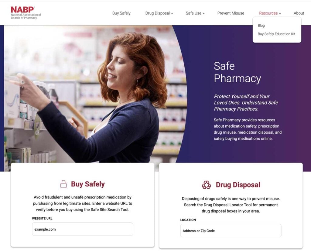 Image of NABP's consumer-facing Safe.Pharmacy homepage.