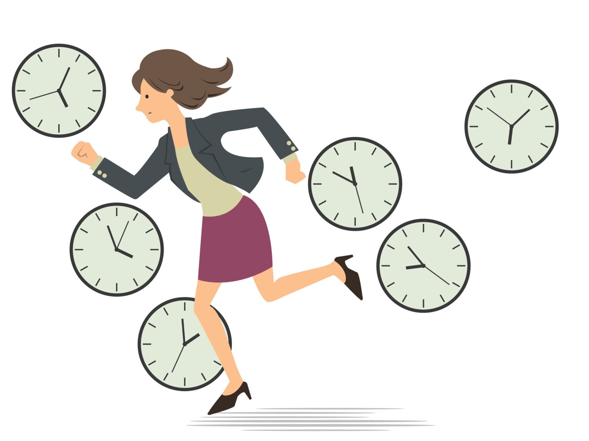 Illustration of woman racing against time representing Evergreen Content is a time saving content governance strategy