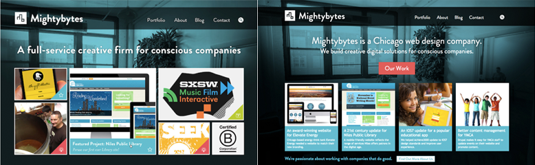 Side by side screenshots of the mightybytes homepage with different layouts