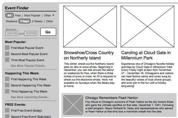 A detail from a wireframe for Explore Chicago shows several types of editorial slots and tools to help website visitors find what they are looking for.
