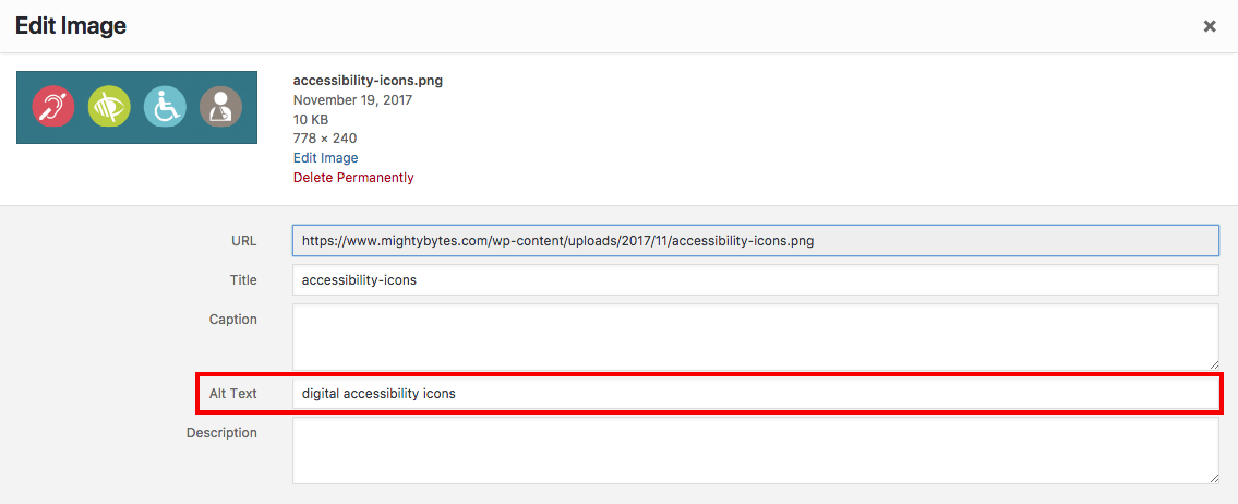 alternative text options in WordPress