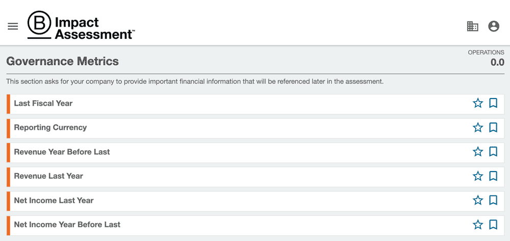 Image of the B Impact Assessment showing Governance metrics to track.