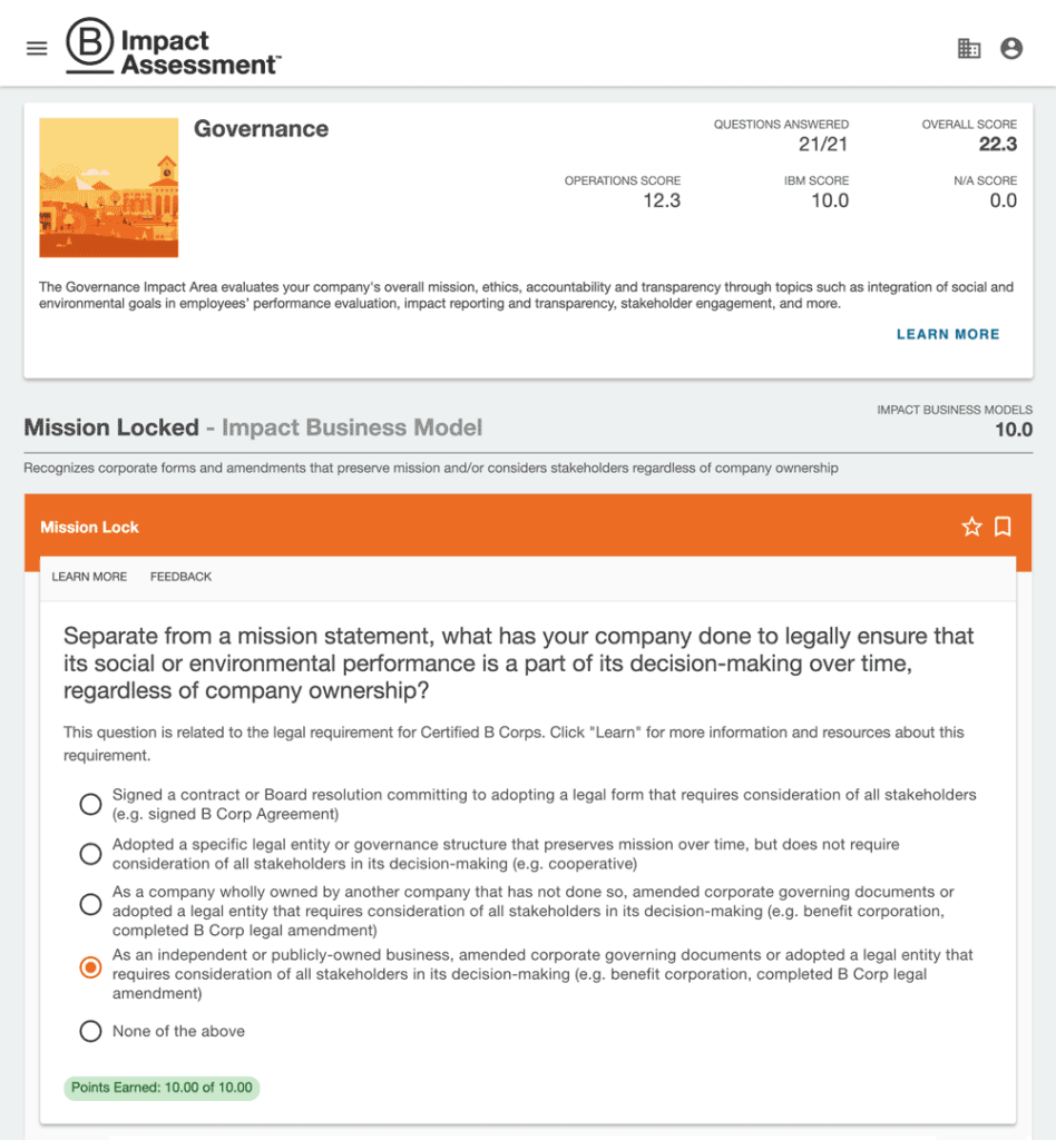 Image of Governance section of the B Impact Assessment showing the 'Mission Lock' metric.