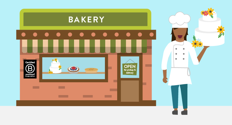 Image of a baker holding a wedding cake standing in front of her bakery