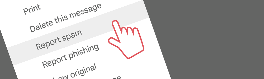 Image illustrating enshittification email marketing challenges: a hand selecting the 'Report spam' option in a pulldown menu.