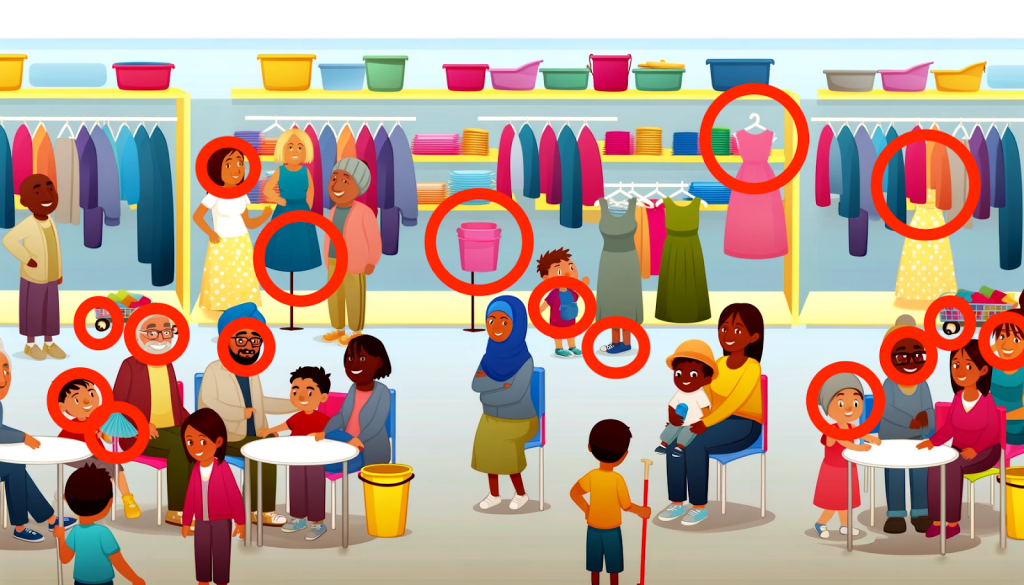 A clearly AI generated image of a store with numerous errors circled in red.