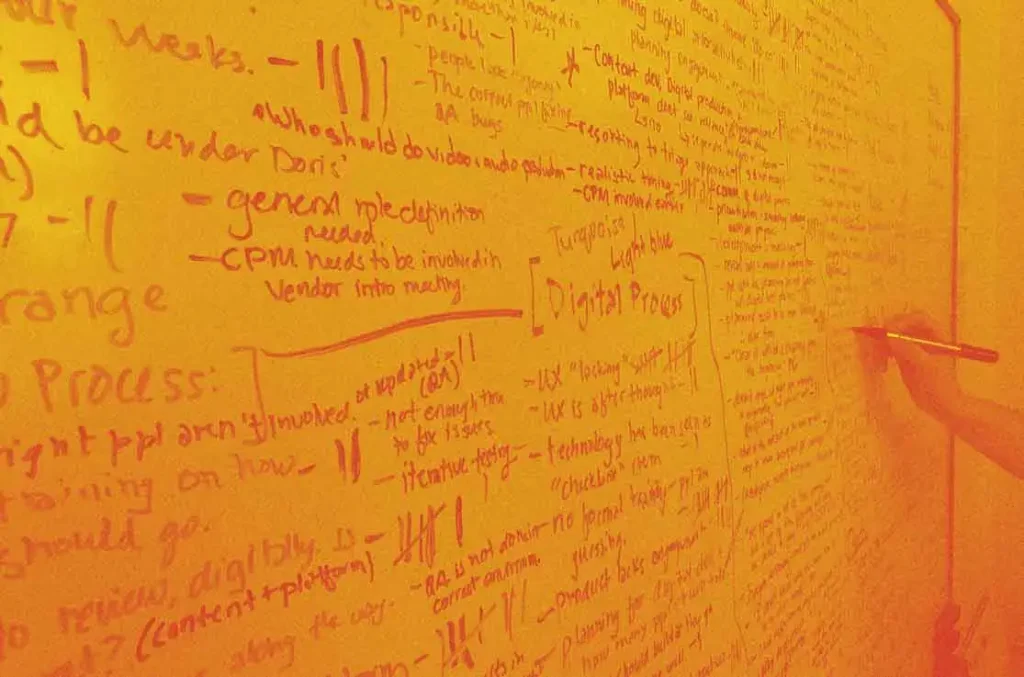 Grainy orange image of a hand writing on a whiteboard covered with words.
