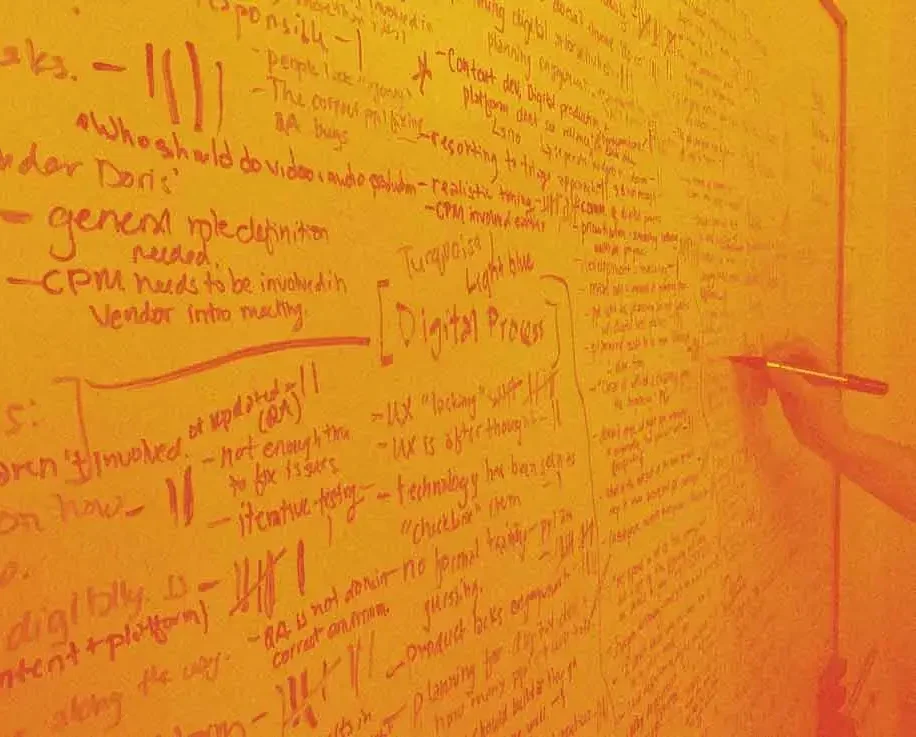 Grainy orange image of a hand writing on a whiteboard covered with words.