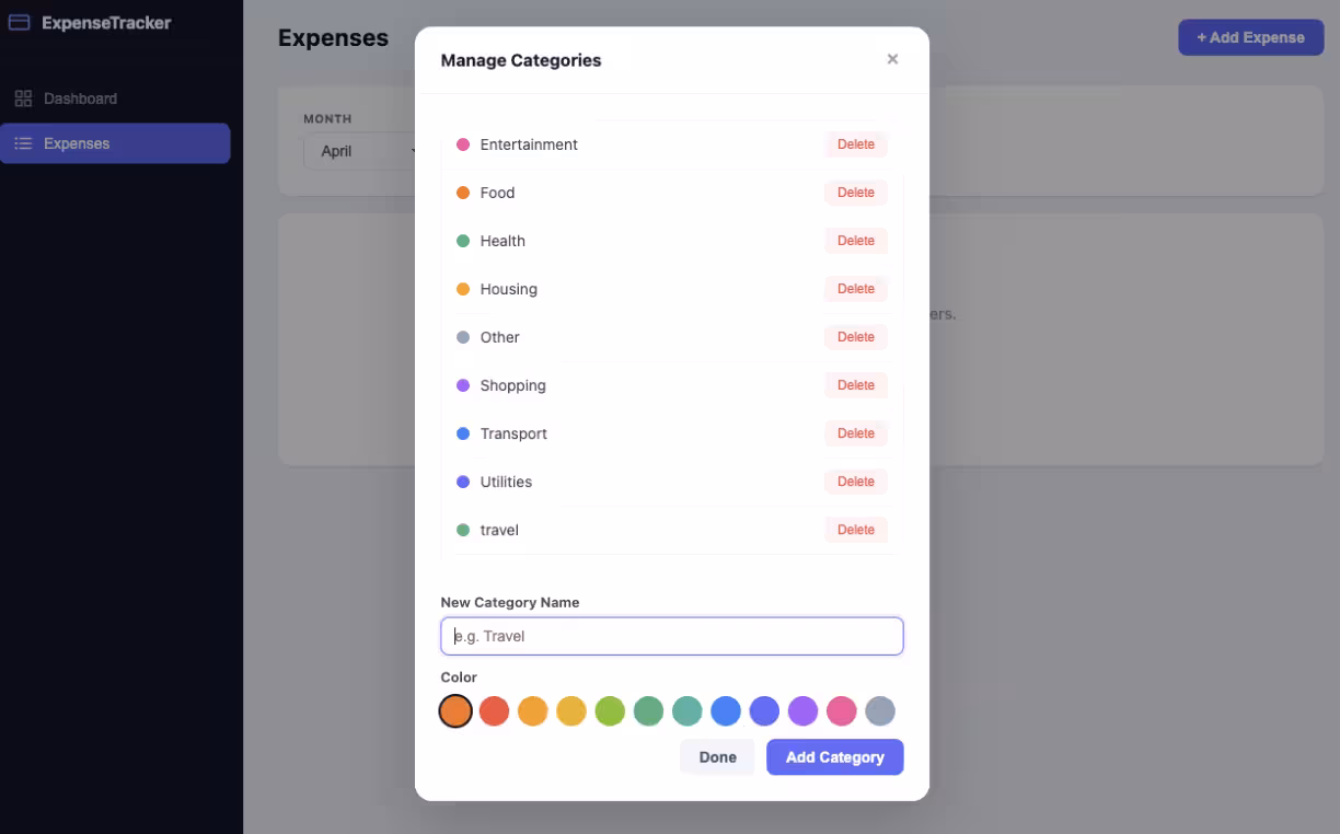 A menu to and and remove transaction categories.