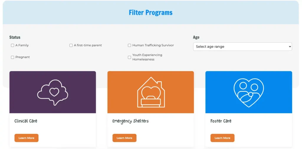 Program filter feature. It allows users to filter Shelter's programs by their status and their age.
Three programs are in frame, "Clinical care," "Emergency Shelters," and, "Foster Care."